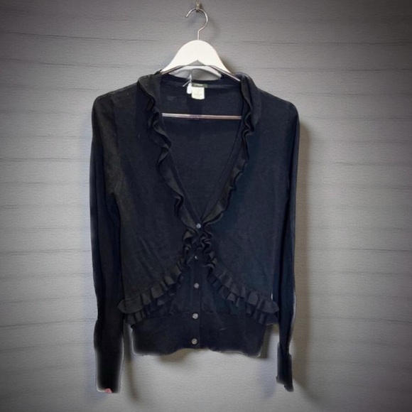 J. Crew Black wool with Ruffles from and back cardigan Size medium - Picture 7 of 11
